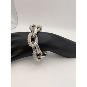 Guess Silver Tone Chunky Link Rhinestone Statement Bracelet Adjustable Clasp